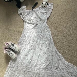 White Eyelet Maxi Dress with Ruffle Off-Shoulder Detail